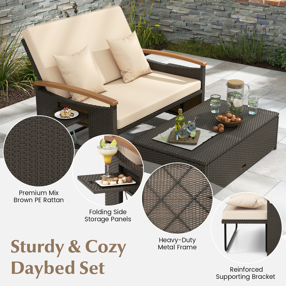 Outdoor Wicker Daybed with Folding Panels & Storage Ottoman – 3-in-1 Patio Loveseat & Adjustable Lounge Bed