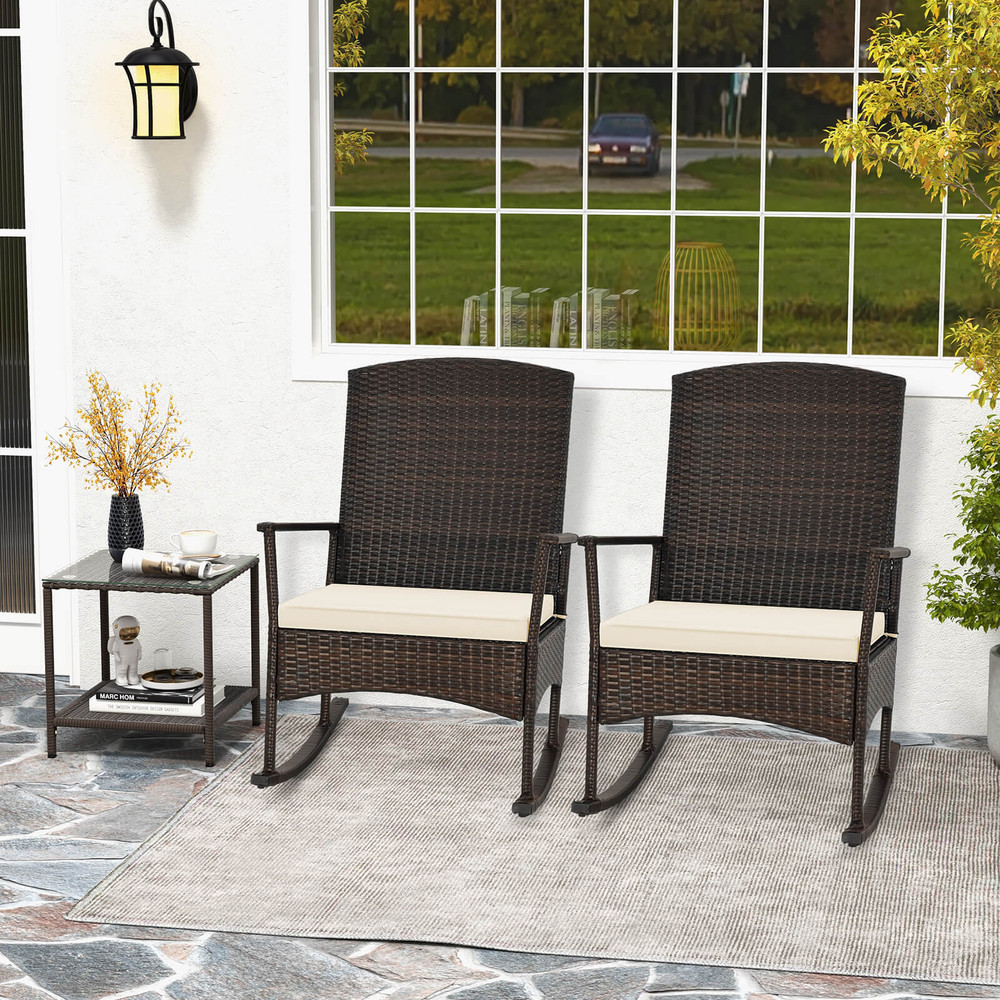 3-Piece Patio Rocking Set – Wicker Rocking Chairs with 2-Tier Coffee Table for Outdoor Relaxation