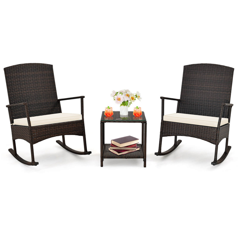 3-Piece Patio Rocking Set – Wicker Rocking Chairs with 2-Tier Coffee Table for Outdoor Relaxation