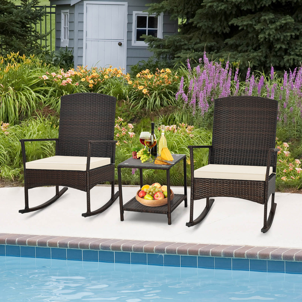 3-Piece Patio Rocking Set – Wicker Rocking Chairs with 2-Tier Coffee Table for Outdoor Relaxation