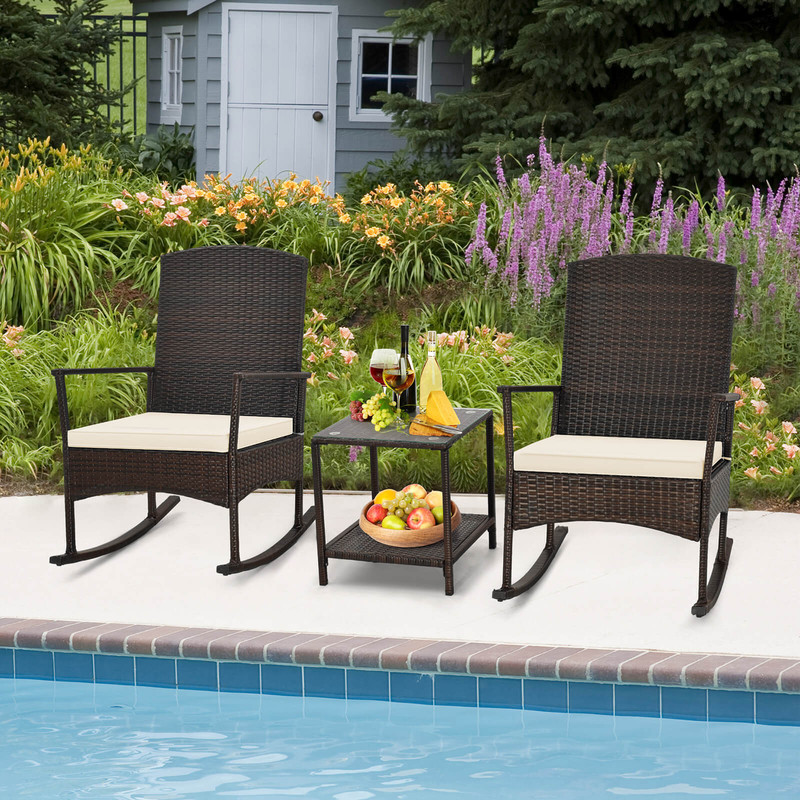 3-Piece Patio Rocking Set – Wicker Rocking Chairs with 2-Tier Coffee Table for Outdoor Relaxation
