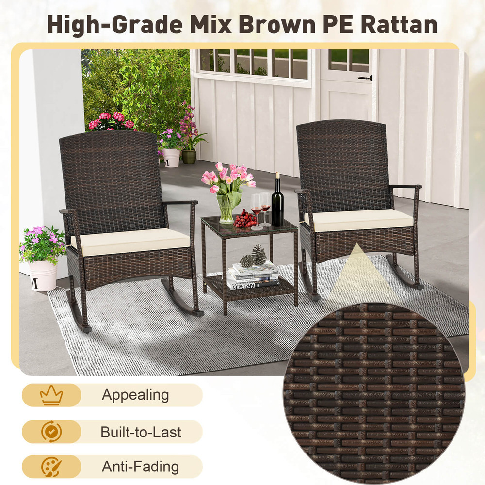 3-Piece Patio Rocking Set – Wicker Rocking Chairs with 2-Tier Coffee Table for Outdoor Relaxation