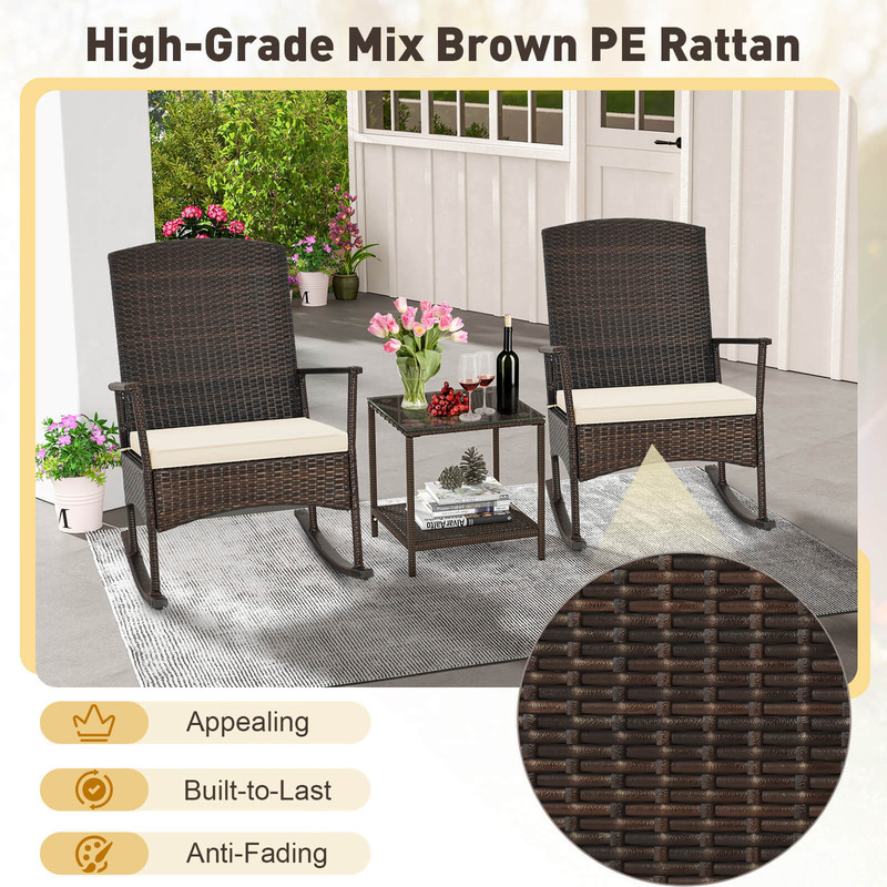 3-Piece Patio Rocking Set – Wicker Rocking Chairs with 2-Tier Coffee Table for Outdoor Relaxation