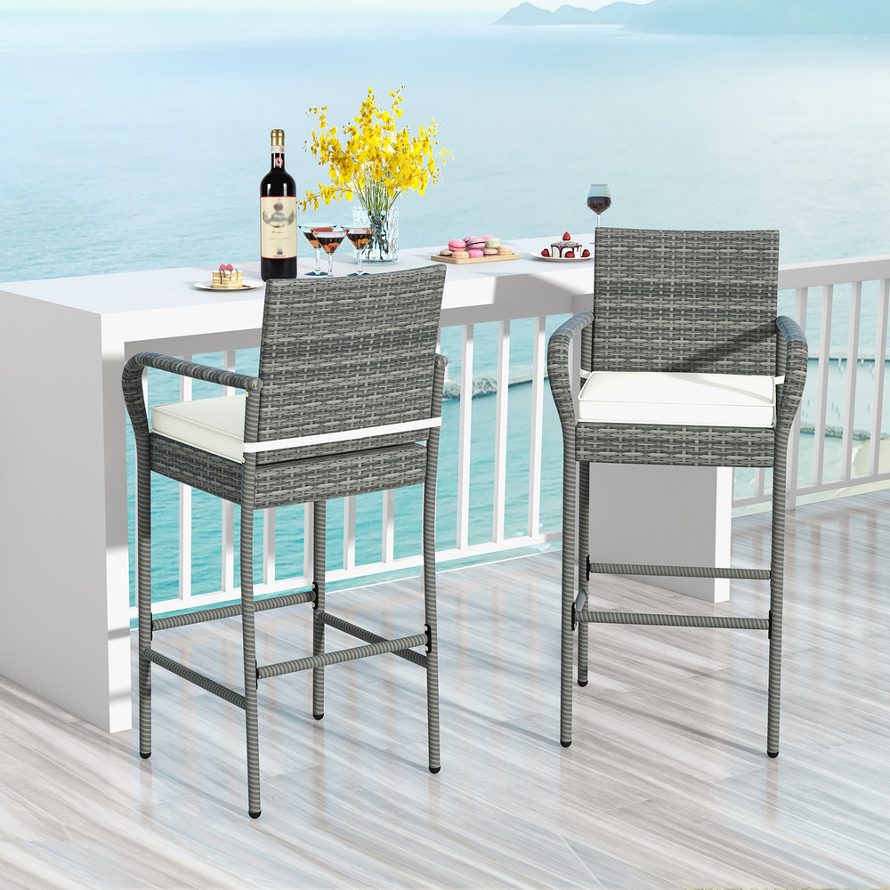 Patio Wicker Barstools with Armrests & Soft Cushions – Set of 2 for Porch, Backyard, or Balcony
