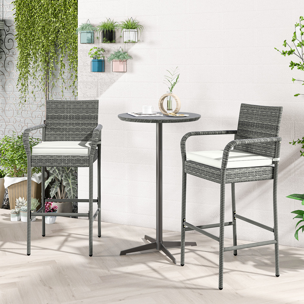 Patio Wicker Barstools with Armrests & Soft Cushions – Set of 2 for Porch, Backyard, or Balcony