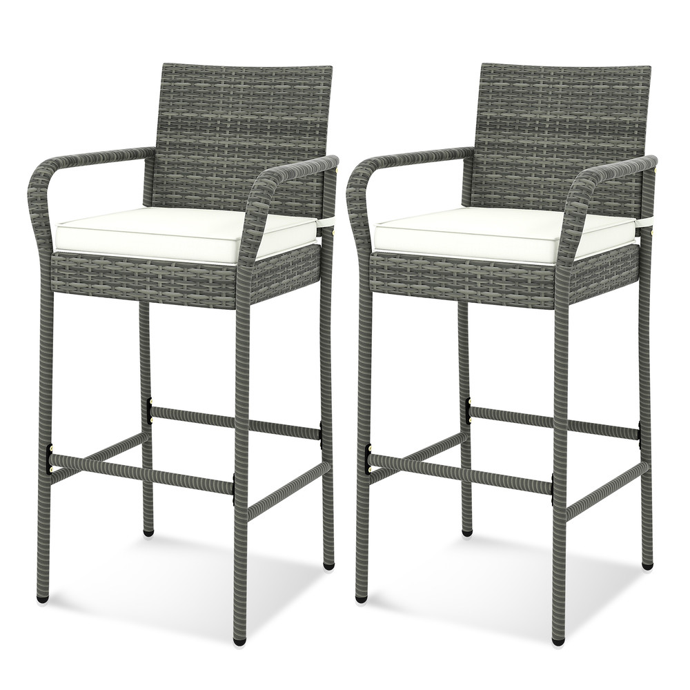 Patio Wicker Barstools with Armrests & Soft Cushions – Set of 2 for Porch, Backyard, or Balcony