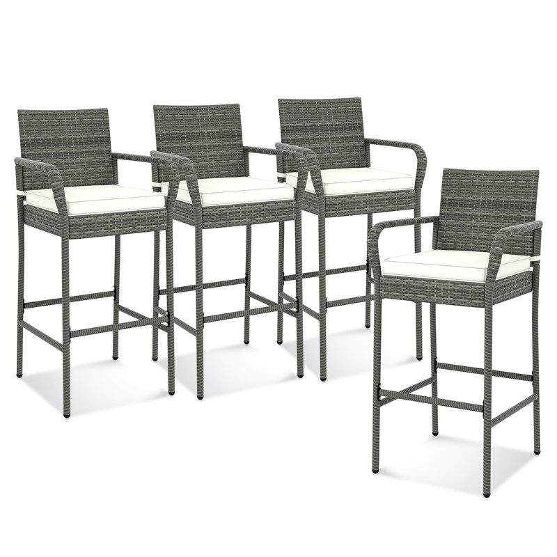All Weather PE Rattan Bar Chairs Set of 4 with Armrests & Seat Cushions – Outdoor Bar Stools for Porch, Backyard & Patio