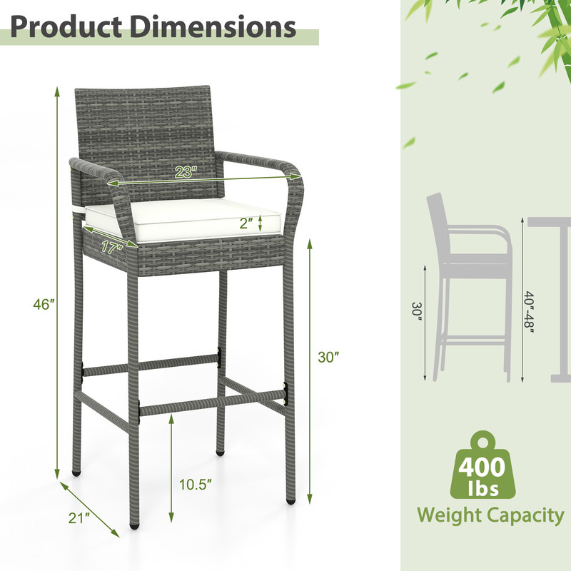 All Weather PE Rattan Bar Chairs Set of 4 with Armrests & Seat Cushions – Outdoor Bar Stools for Porch, Backyard & Patio