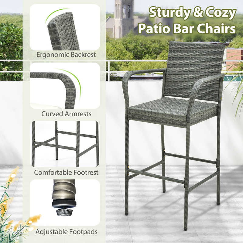 All Weather PE Rattan Bar Chairs Set of 4 with Armrests & Seat Cushions – Outdoor Bar Stools for Porch, Backyard & Patio