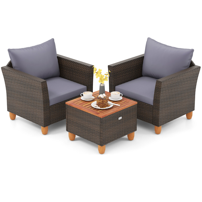 3-Piece Patio Rattan Bistro Furniture Set with Wooden Table Top – Gray, PE Wicker & Acacia Wood Outdoor Conversation Set
