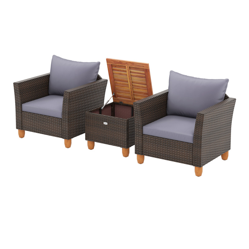 3-Piece Patio Rattan Bistro Furniture Set with Wooden Table Top – Gray, PE Wicker & Acacia Wood Outdoor Conversation Set