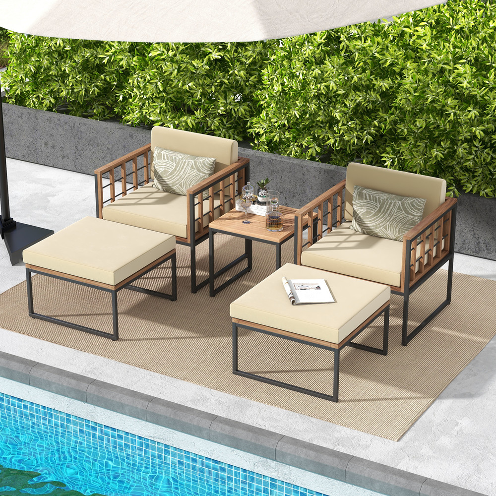 Modern Outdoor Furniture Set Acacia Wood Chairs With Ottomans And Coffee Table For Backyard Balcony 2