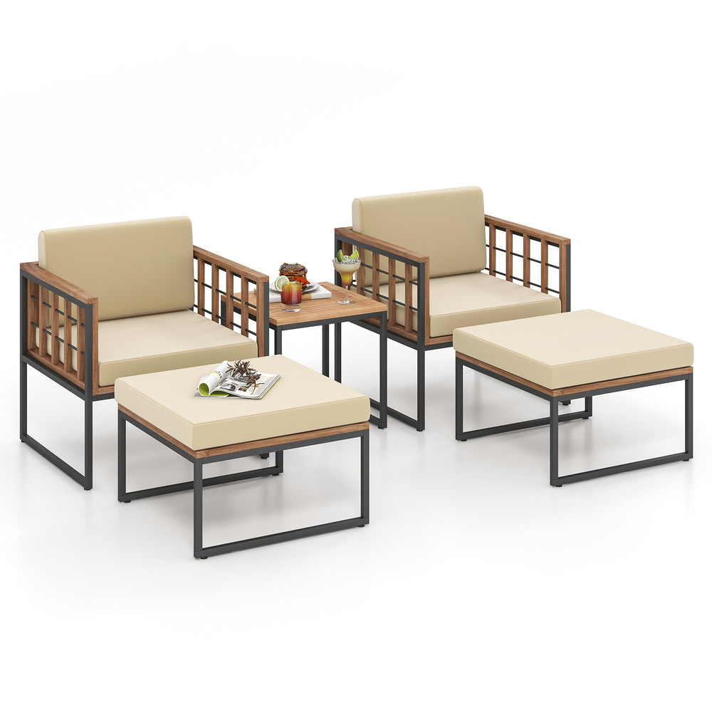 Modern Outdoor Furniture Set Acacia Wood Chairs With Ottomans And Coffee Table For Backyard Balcony 7