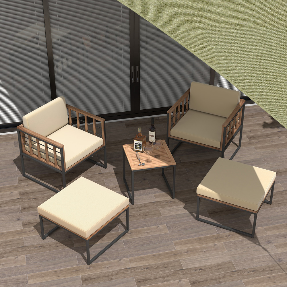 Modern Outdoor Furniture Set Acacia Wood Chairs With Ottomans And Coffee Table For Backyard Balcony 3