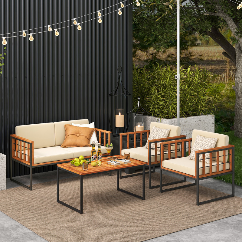 Outdoor Acacia Wood Patio Sofa Set with Cushions, Perfect for Balcony, Porch, Backyard, Poolside Seating & Coffee Table