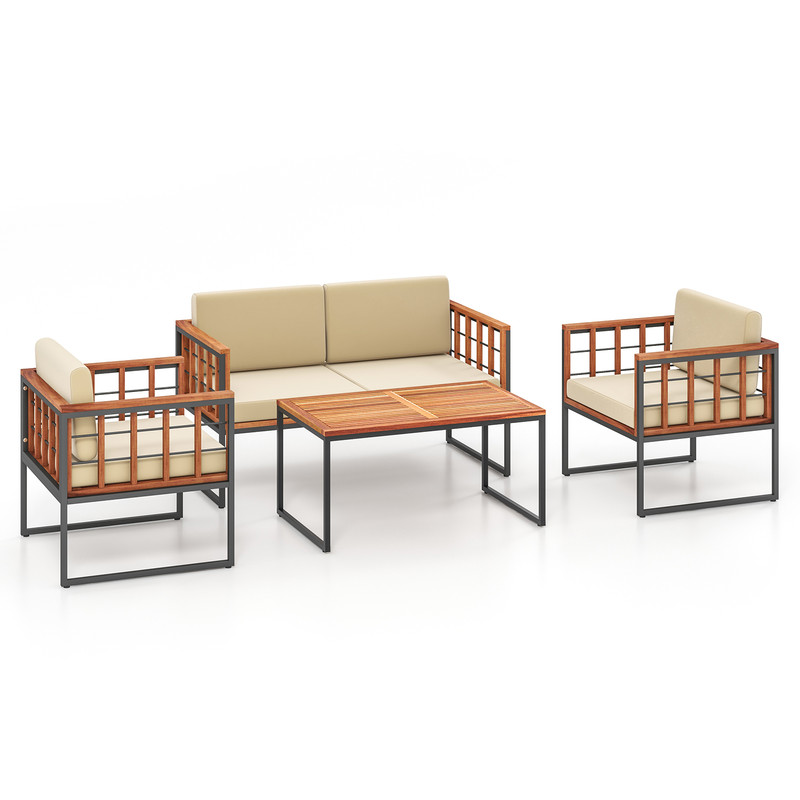 Outdoor Acacia Wood Patio Sofa Set with Cushions, Perfect for Balcony, Porch, Backyard, Poolside Seating & Coffee Table