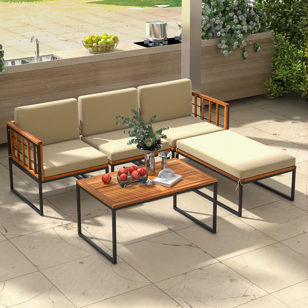 Modern Acacia Wood Patio Sectional Furniture Set With HeavyDuty Metal Frame And Cushions Outdoor So 2