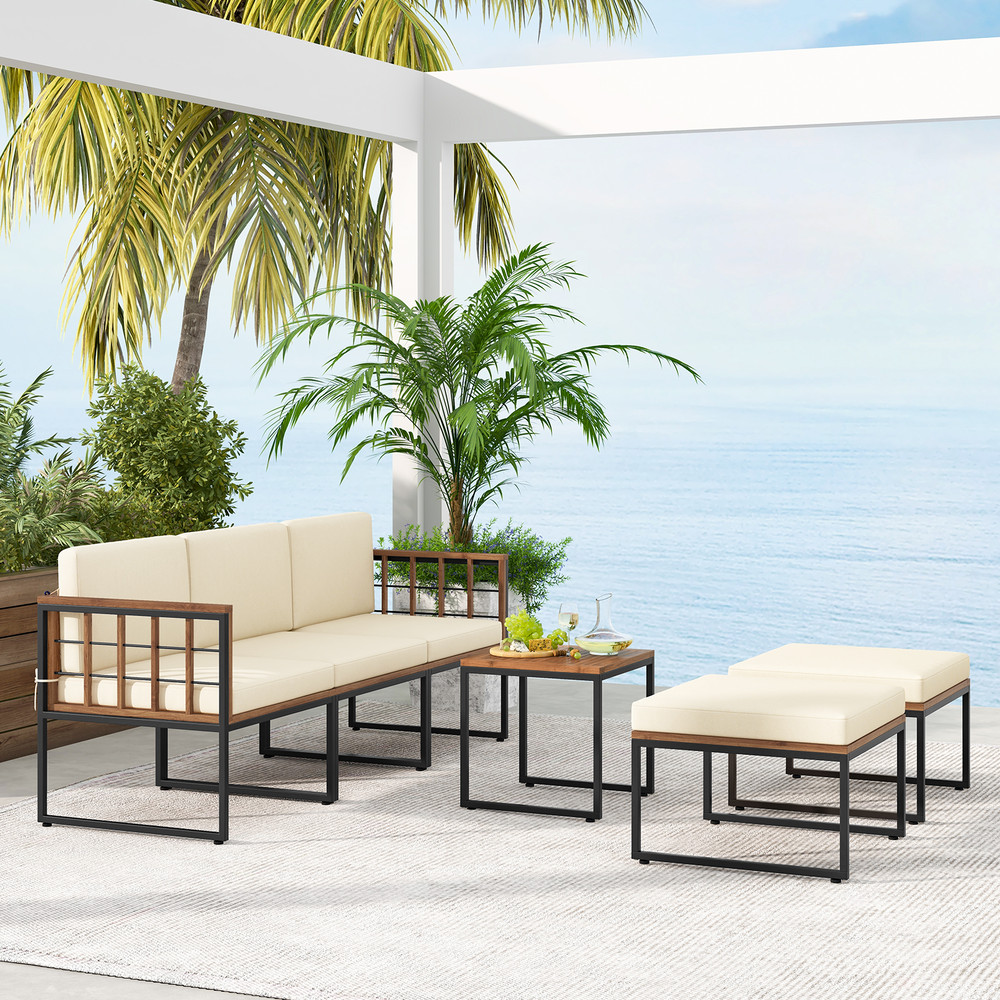 Outdoor Acacia Wood Patio Furniture Set With Coffee Table Ottomans Modular Sectional With Cushions 1