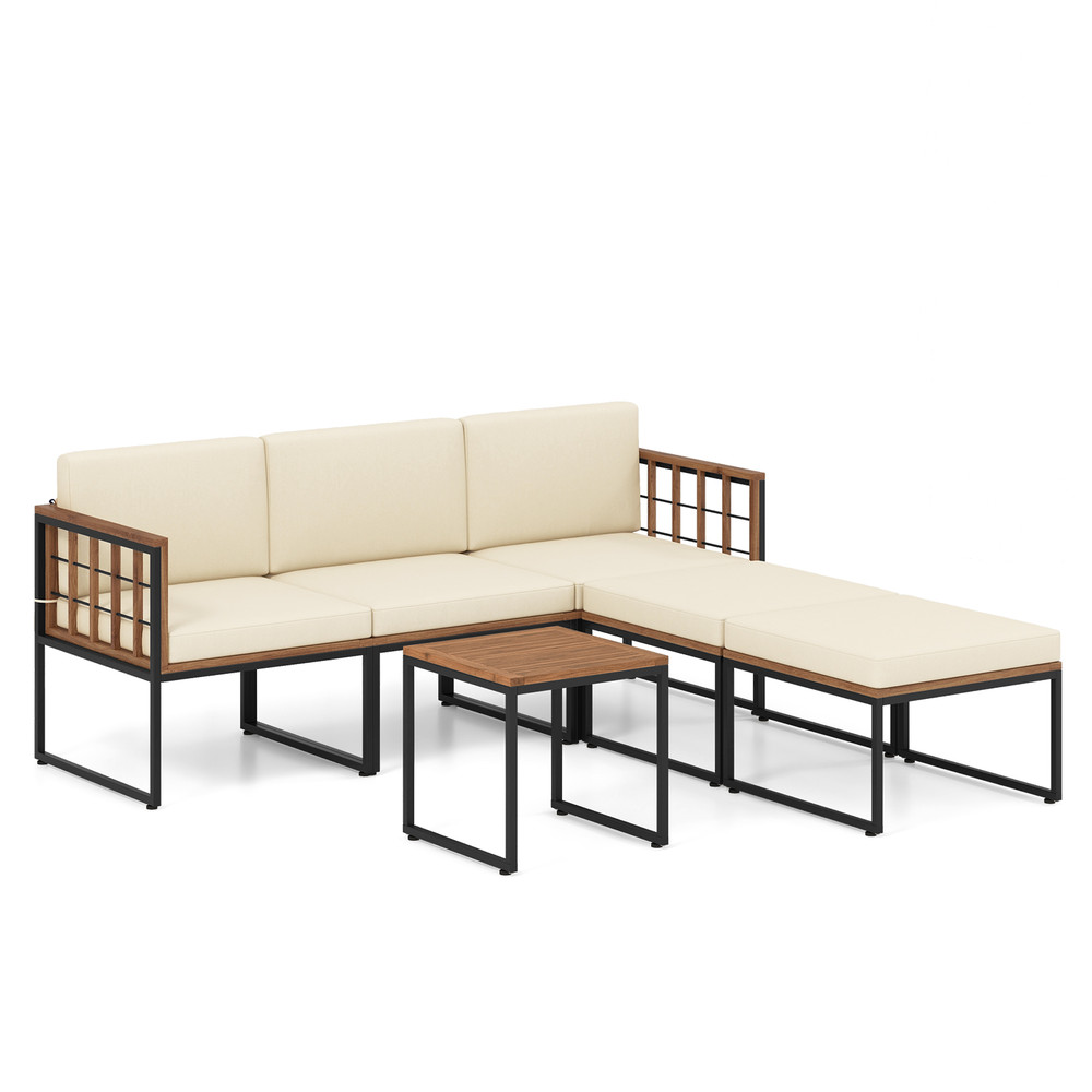 Outdoor Acacia Wood Patio Furniture Set With Coffee Table Ottomans Modular Sectional With Cushions 7