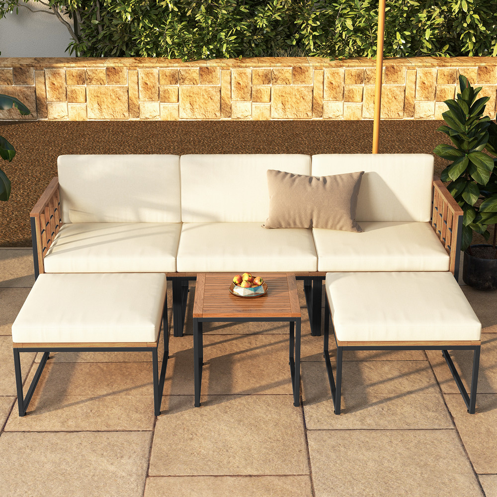 Outdoor Acacia Wood Patio Furniture Set With Coffee Table Ottomans Modular Sectional With Cushions 3