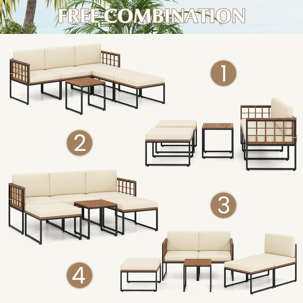 Outdoor Acacia Wood Patio Furniture Set With Coffee Table Ottomans Modular Sectional With Cushions 4
