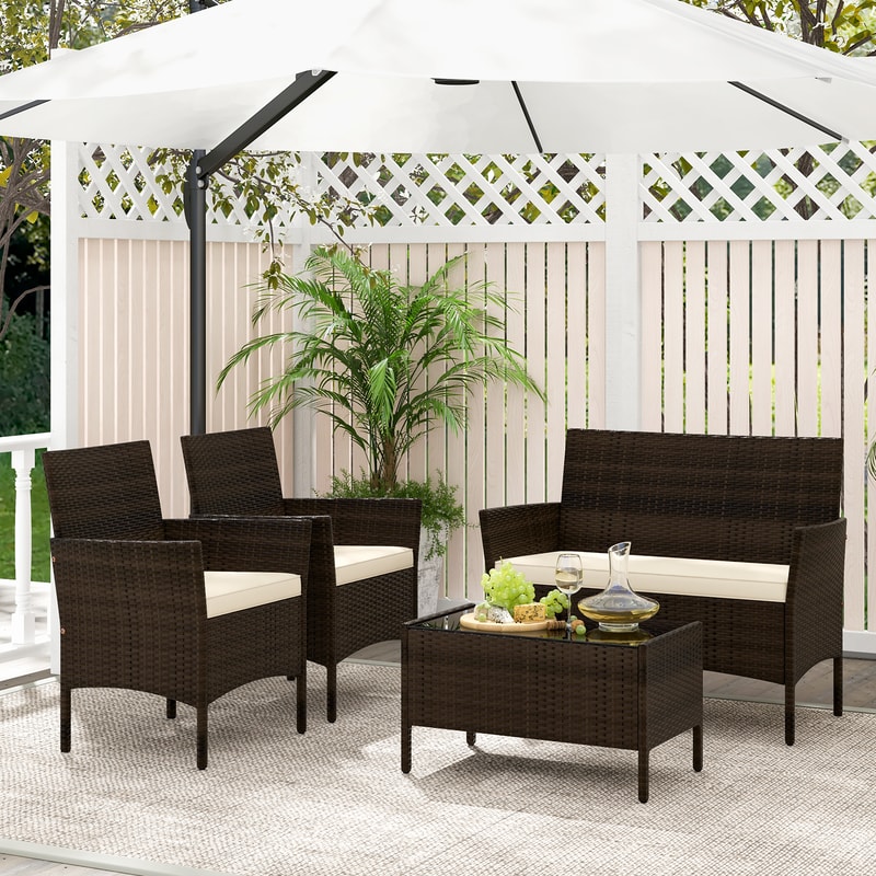 Outdoor Patio Rattan Conversation Set With Cushions Comfortable Wicker Loveseat Chairs Coffee Tabl 1