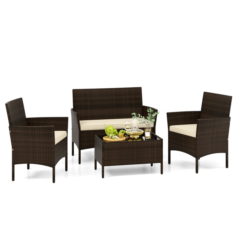 Outdoor Patio Rattan Conversation Set With Cushions Comfortable Wicker Loveseat Chairs Coffee Tabl 4