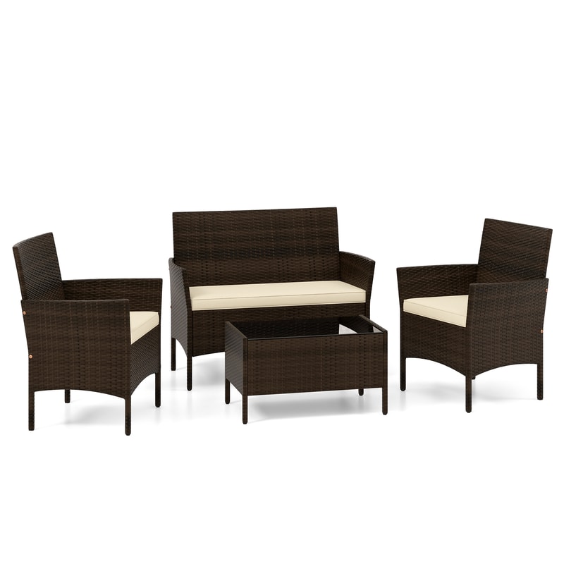 Outdoor Patio Rattan Conversation Set With Cushions Comfortable Wicker Loveseat Chairs Coffee Tabl 0