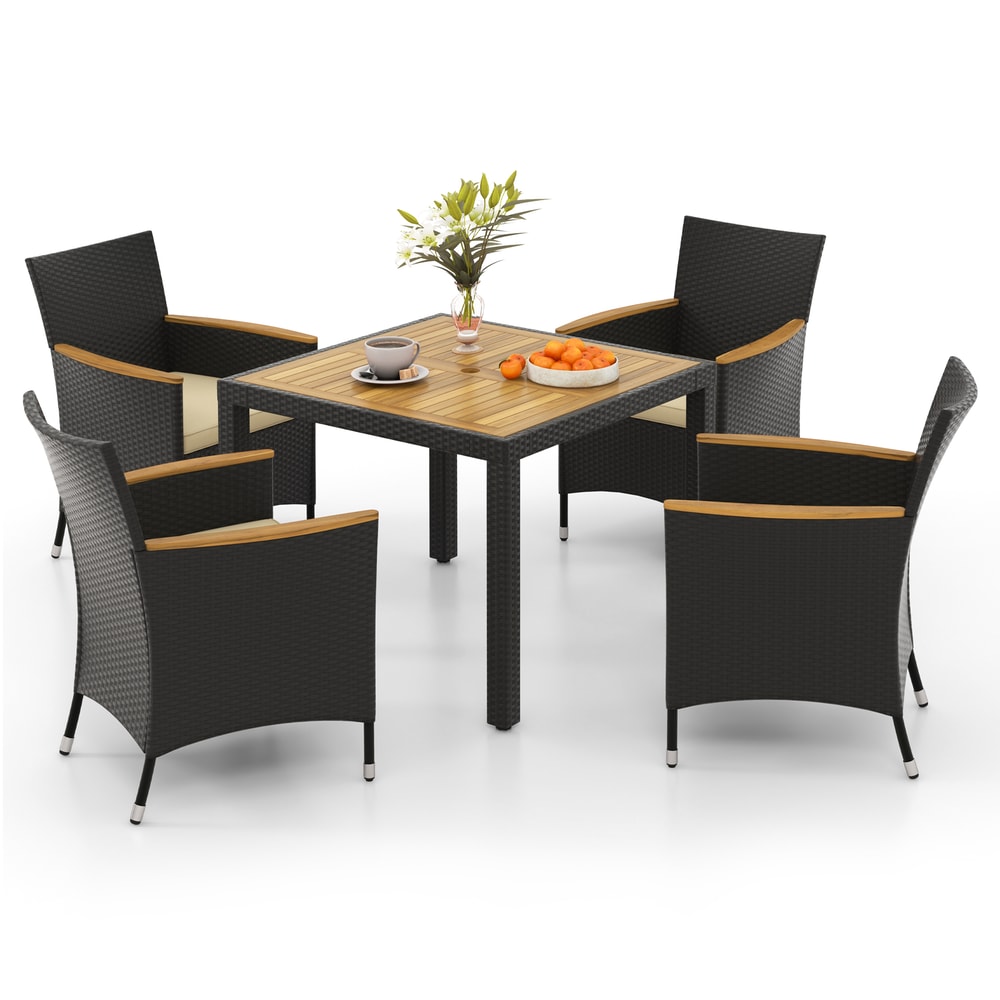 Patio Dining Table Set with Umbrella Hole, Stylish Outdoor Dining with Comfortable Cushions