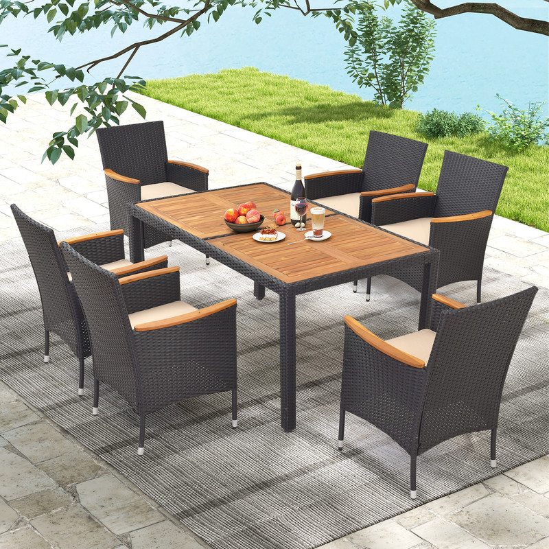 Patio Dining Set For Backyard PE Rattan Acacia Wood Outdoor Table With Umbrella Hole Cushioned Ch 1