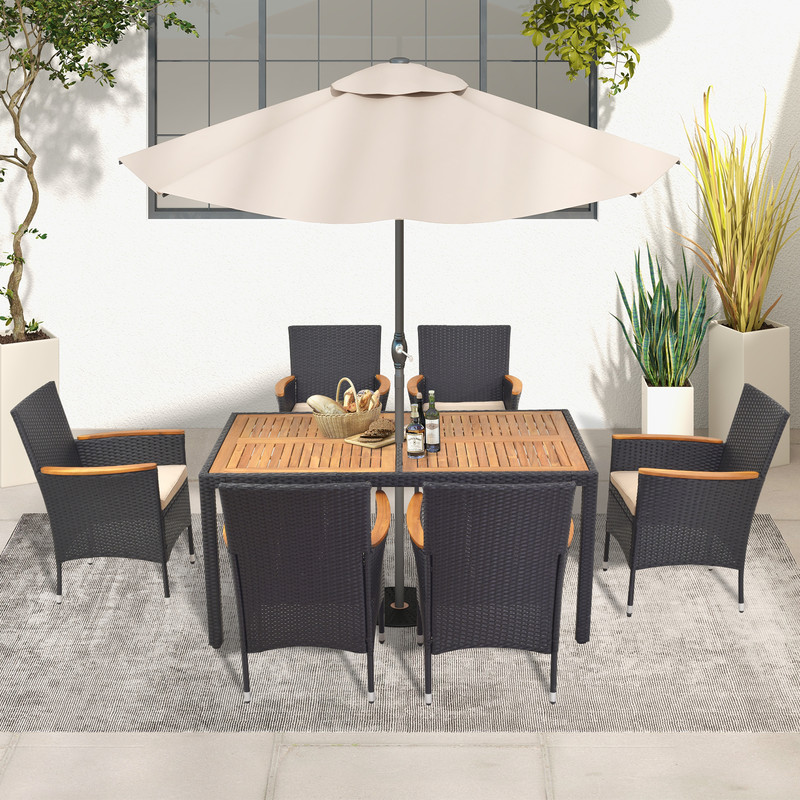 Patio Dining Set For Backyard PE Rattan Acacia Wood Outdoor Table With Umbrella Hole Cushioned Ch 2