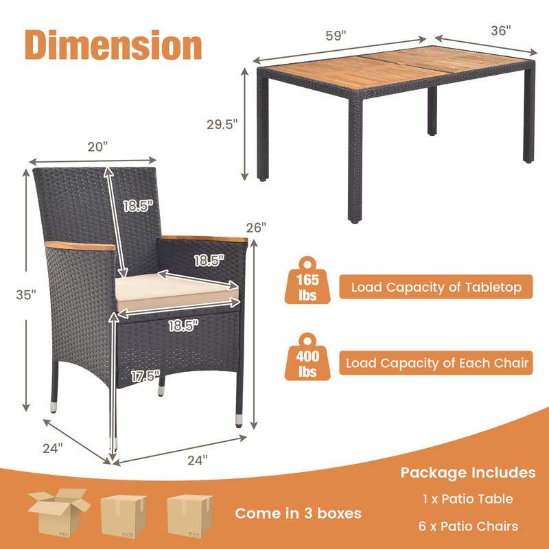 Patio Dining Set For Backyard PE Rattan Acacia Wood Outdoor Table With Umbrella Hole Cushioned Ch 6