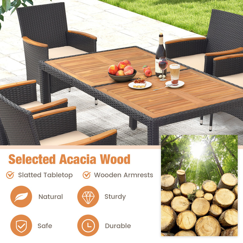 Patio Dining Set For Backyard PE Rattan Acacia Wood Outdoor Table With Umbrella Hole Cushioned Ch 3