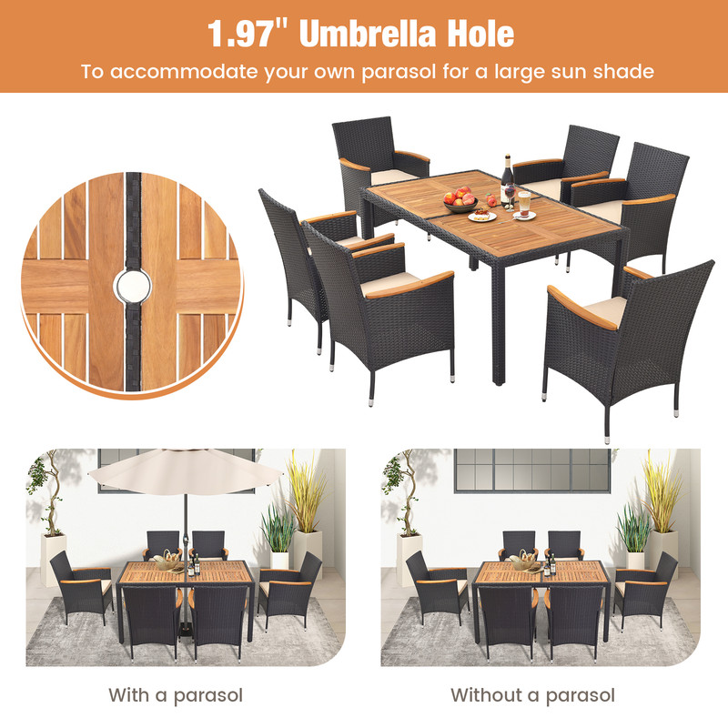 Patio Dining Set For Backyard PE Rattan Acacia Wood Outdoor Table With Umbrella Hole Cushioned Ch 4