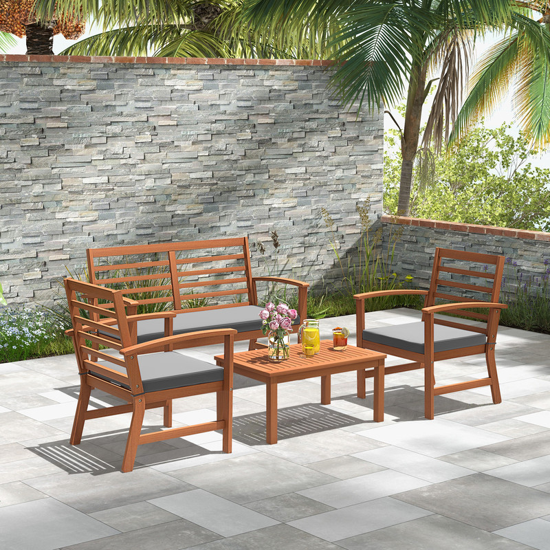 Outdoor Furniture Set With Acacia Wood Frame Sturdy Patio Seating Set With Loveseat Chairs Coffee T 3