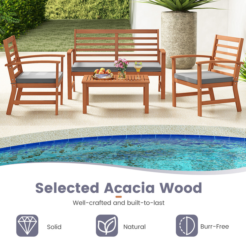 Outdoor Furniture Set With Acacia Wood Frame Sturdy Patio Seating Set With Loveseat Chairs Coffee T 4