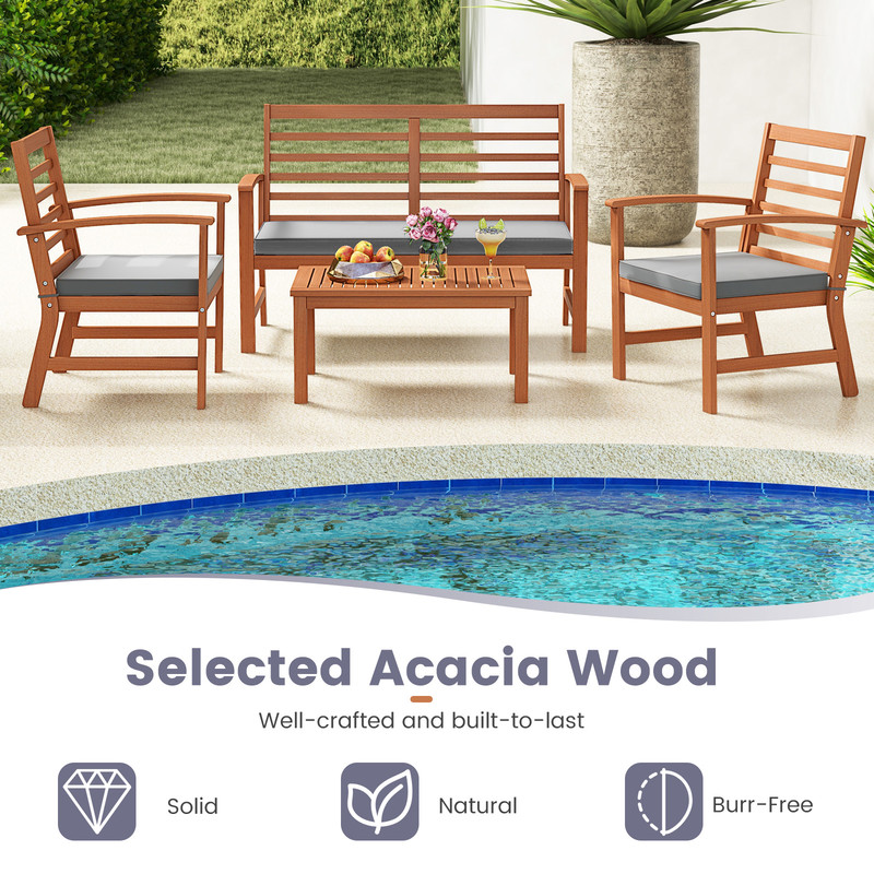 Outdoor Furniture Set With Acacia Wood Frame Sturdy Patio Seating Set With Loveseat Chairs Coffee T 4