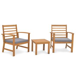 comfortable outdoor furniture set with cushioned chairs and coffee table, acacia wood patio seating ensemble