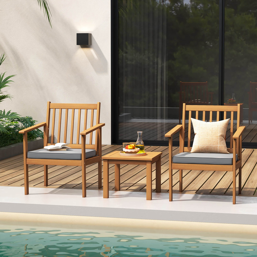Acacia Patio Wood Furniture Set With Soft Cushions For Porch Outdoor Wooden Chairs And Coffee Table 2