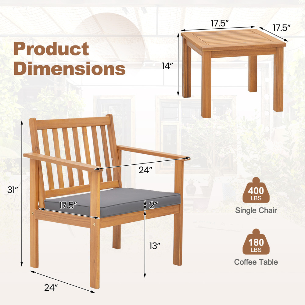 Acacia Patio Wood Furniture Set With Soft Cushions For Porch Outdoor Wooden Chairs And Coffee Table 6