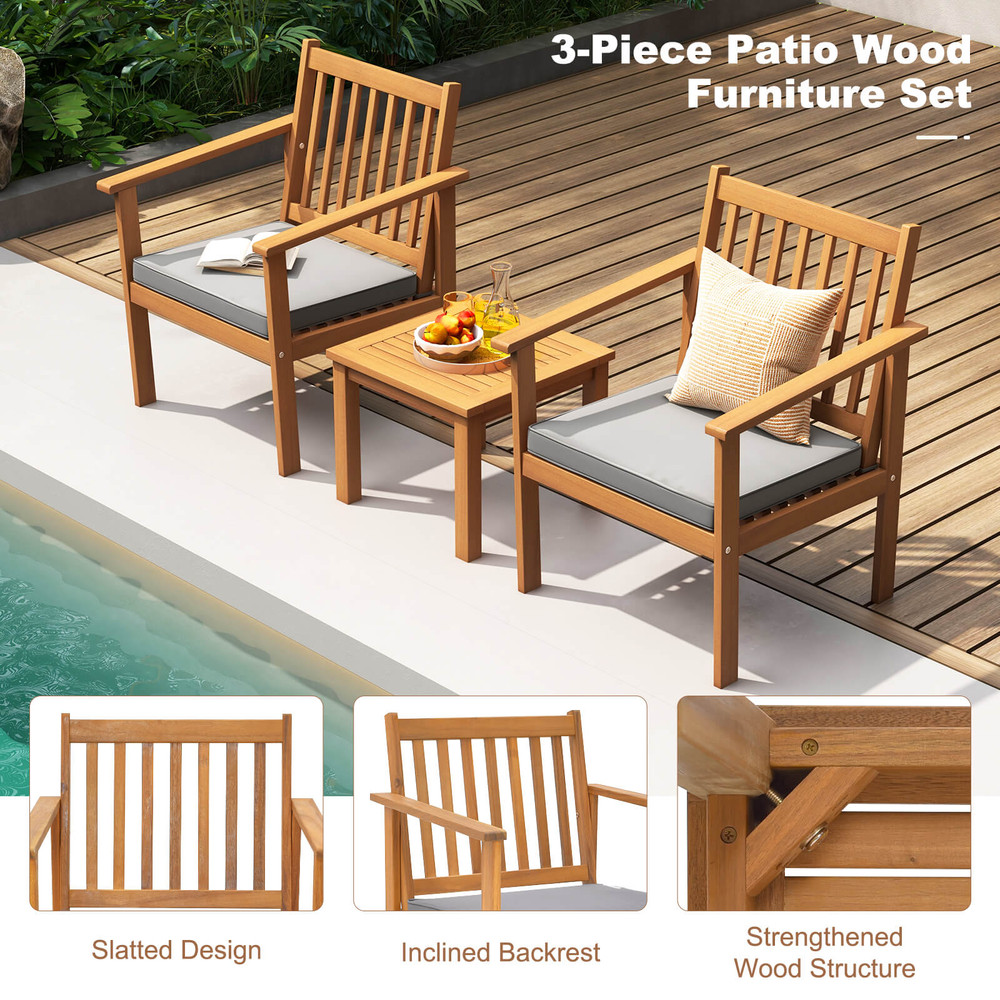 Acacia Patio Wood Furniture Set With Soft Cushions For Porch Outdoor Wooden Chairs And Coffee Table 5