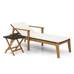 rattan patio chaise with armrests, outdoor chaise lounge chair set with cushions and folding coffee table
