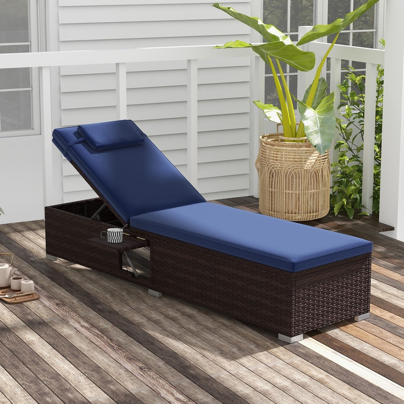 Adjustable Outdoor PE Rattan Chaise Lounge Chair With Backrest Recliner With Cushion Side Table Fo 1