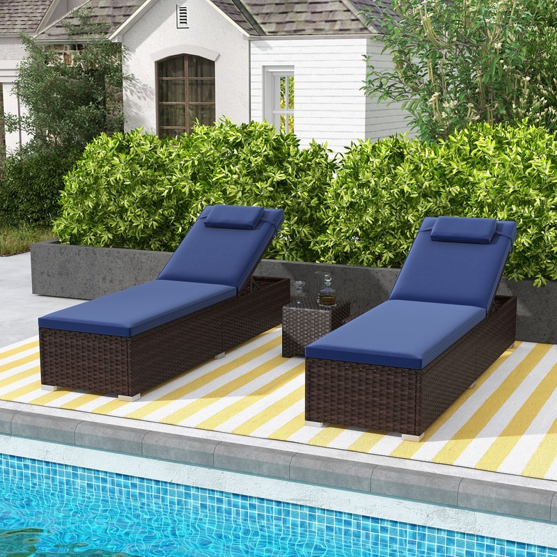 Adjustable Outdoor PE Rattan Chaise Lounge Chair With Backrest Recliner With Cushion Side Table Fo 3