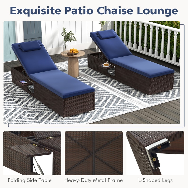 Adjustable Outdoor PE Rattan Chaise Lounge Chair With Backrest Recliner With Cushion Side Table Fo 5
