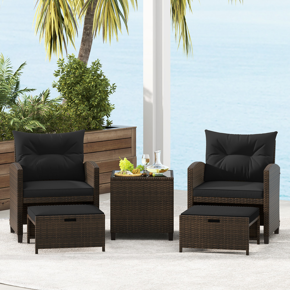 5-Piece Patio Rattan Furniture Set with 2 Ottomans & Tempered Glass Coffee Table – Outdoor Wicker Conversation Set