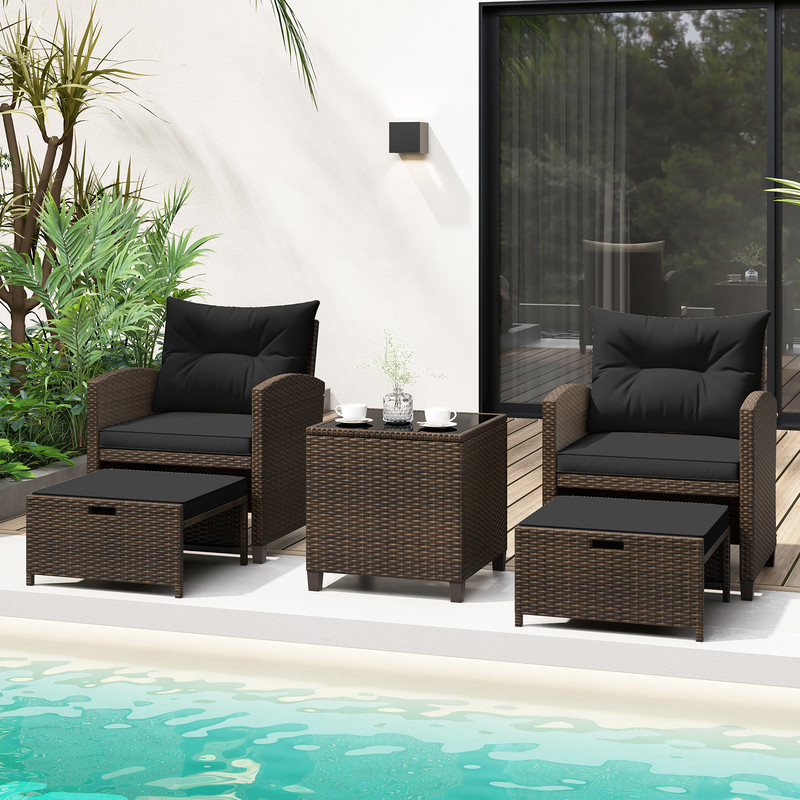 5-Piece Patio Rattan Furniture Set with 2 Ottomans & Tempered Glass Coffee Table – Outdoor Wicker Conversation Set