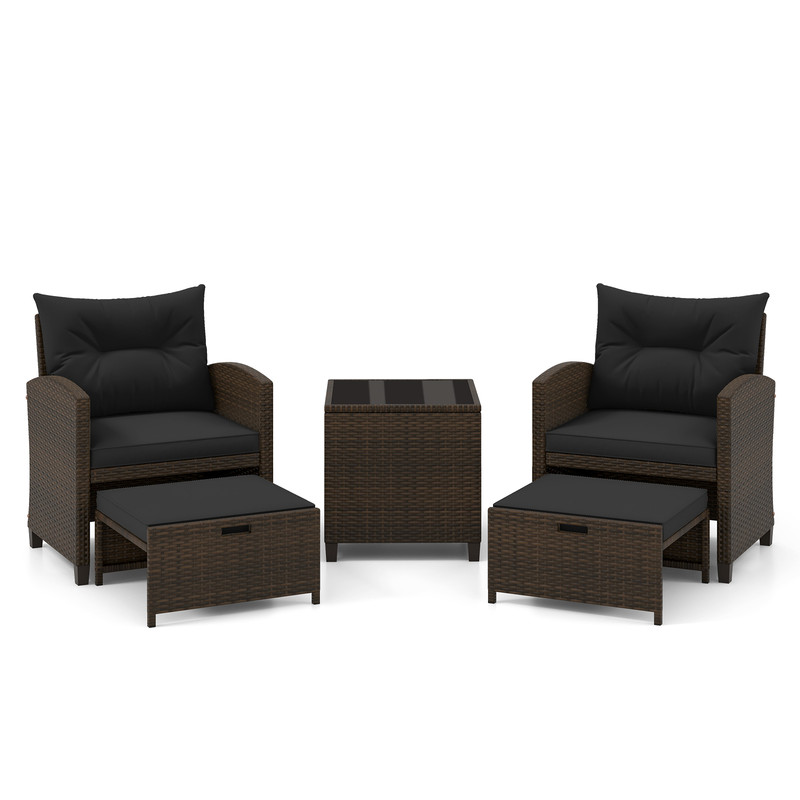 5-Piece Patio Rattan Furniture Set with 2 Ottomans & Tempered Glass Coffee Table – Outdoor Wicker Conversation Set