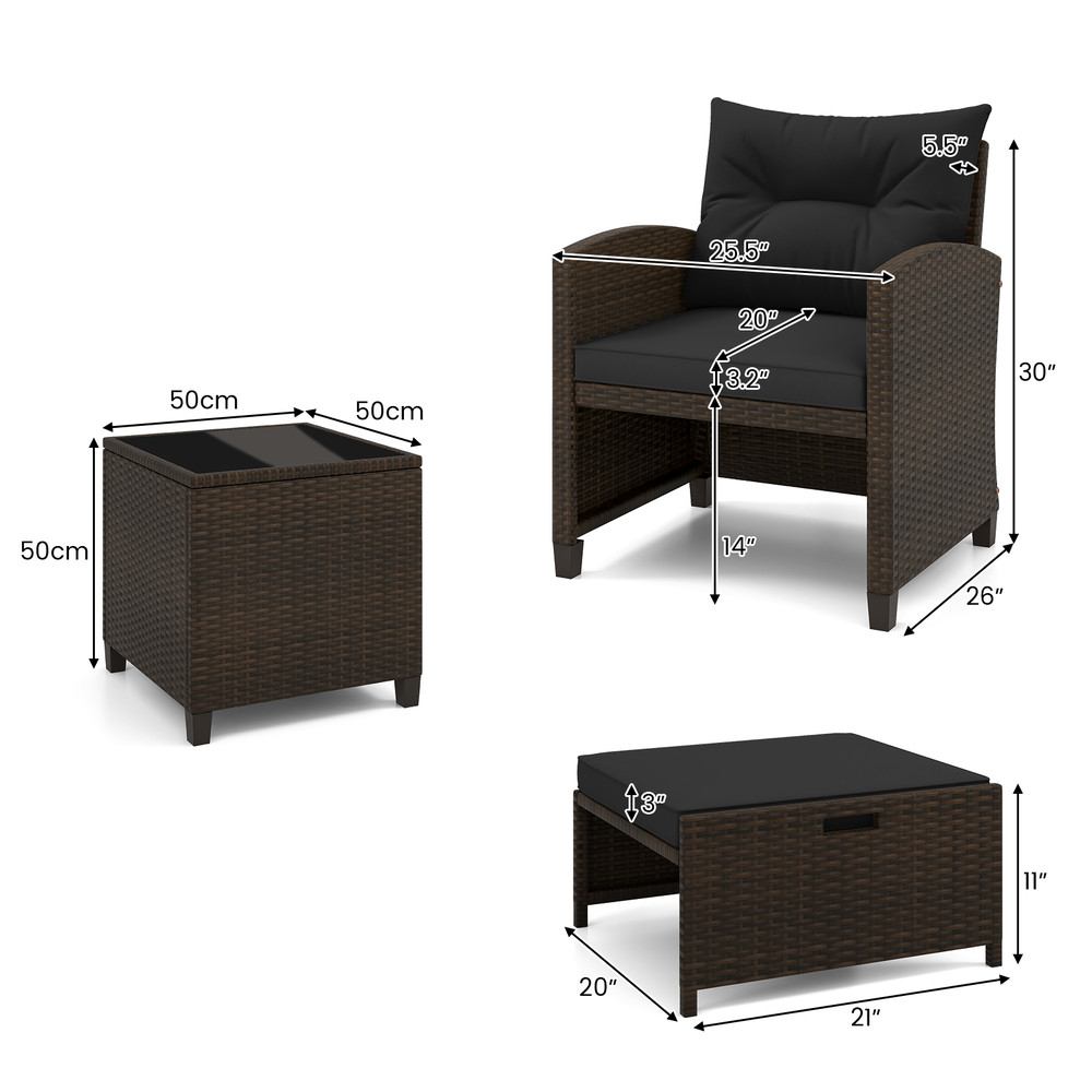 5-Piece Patio Rattan Furniture Set with 2 Ottomans & Tempered Glass Coffee Table – Outdoor Wicker Conversation Set