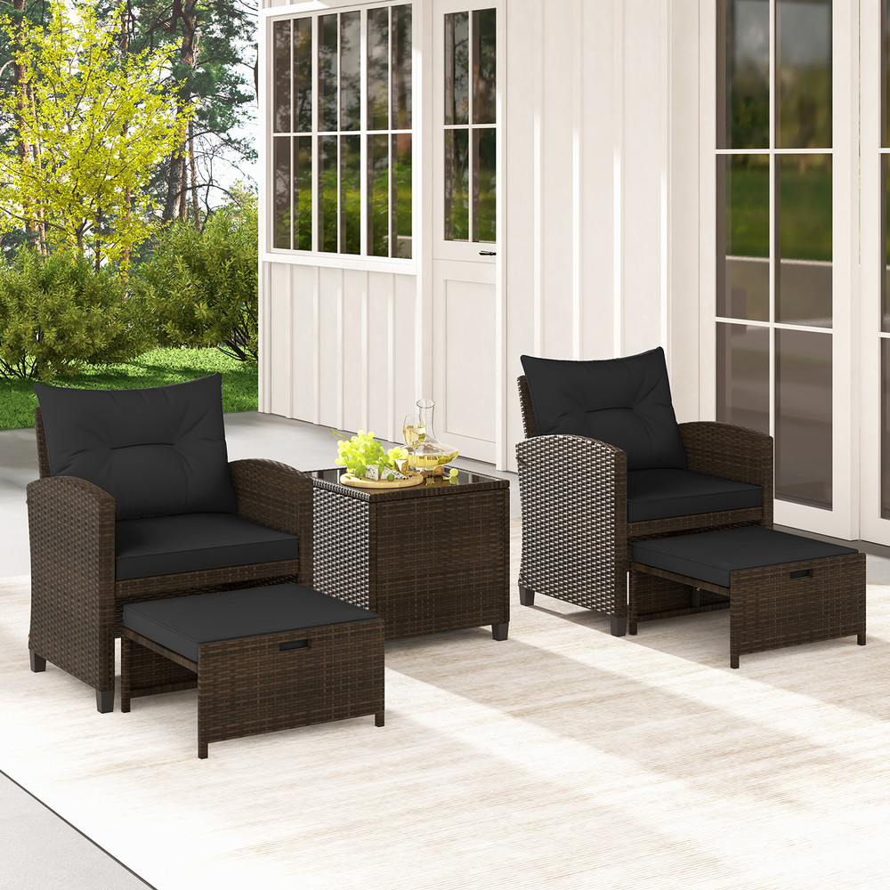 5-Piece Patio Rattan Furniture Set with 2 Ottomans & Tempered Glass Coffee Table – Outdoor Wicker Conversation Set